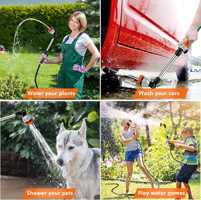 RESTMO Heavy Duty Metal Hose Wand, Watering Wand for Garden Hose | 180° Swivel Ratcheting Head, 16'' Hose Sprayer, 7 Spray Patterns, Flow Control, Ideal for Hanging Baskets & Shrubs, Orange