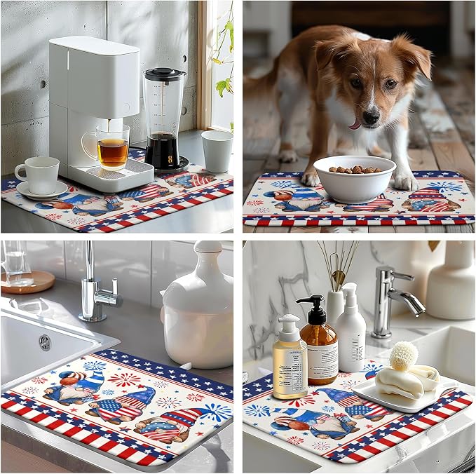Patriotic Gnome Drying Mat 16x18 Inch American Memorial Day Independence Day Microfiber Dish Drainer Super Absorbent Dish Rack Mat for Kitchen Counter Holiday Decor