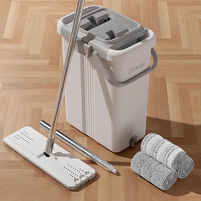 JOYMOOP Mop and Bucket Set for Floor and Wall Cleaning, Flat Mop System with 60" Mop + 3 Pads, Household and Commercial Use