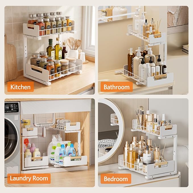 Delamu Under Sink Organizer 2 Pack, Pull Out Cabinet Organizer for Kitchen Sink, 2 Tier Metal Slide Out Shelf Caddy for Bathroom Storage, 5 Adjustable Heights for Pantry & Laundry Room, White