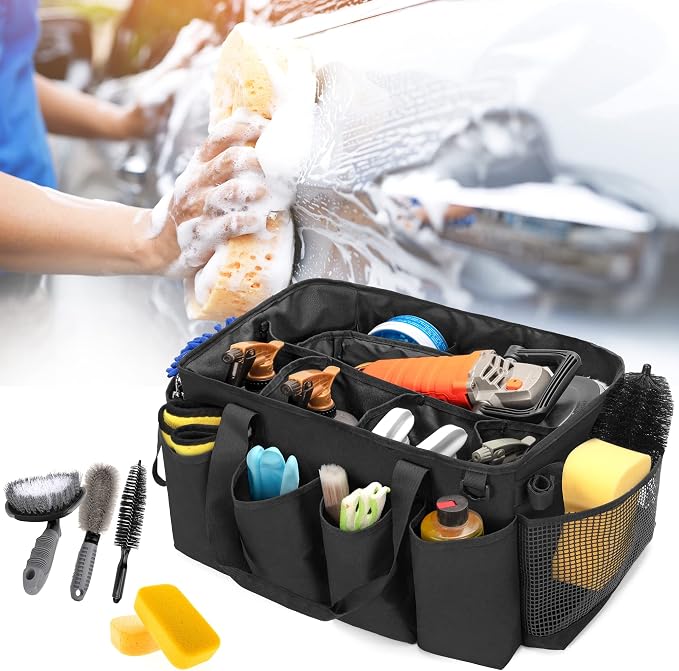 HODRANT Detailing Bag with Polisher Carry Bag for Buffer Bottle Towel | Large Detail Care Box for Auto Detailing Supplies, Car Wash Caddy & Trunk Organizer for Cleaning Kit, Black, Patent Design