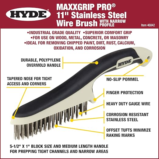Hyde - 181348 HYDE 46842 Stainless Steel Wire Brush with Narrow Profile, 11-inch, MAXXGRIP PRO (Pack of 4)