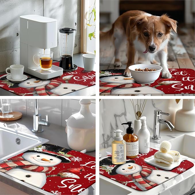 Snowman Christmas Dish Drying Mat Winter Drying Mats for Kitchen Counter Xmas Holiday Red Dish Draining Mat Microfiber Absorbent Reusable Dish Rack Pad 18x24 Inch