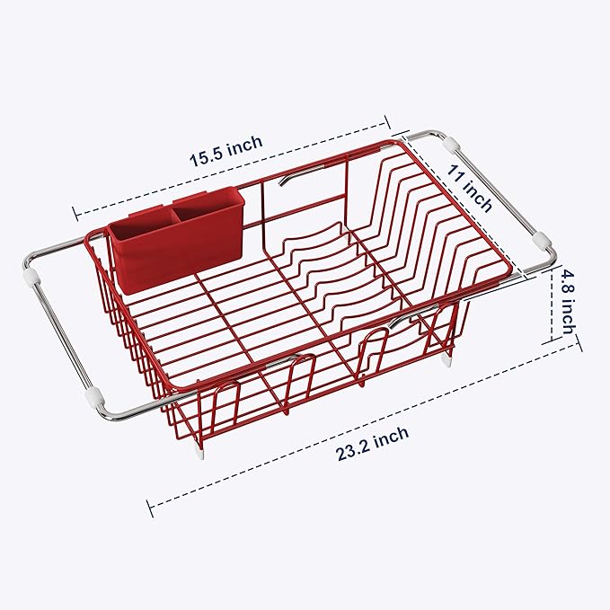 JASIWAY Red Dish Drying Rack in Sink, Expandable Stainless Steel Dish Drainers for Kitchen Counter, Dish Dryer Rack for Inside Sink, Over The Sink Dish Racks with Utensil Holder