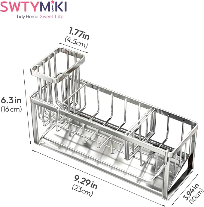 SWTYMIKI Sponge Holder for Kitchen Sink - Sink Caddy with Brush Holder and Stainless Steel Self Drain Tray, Sponge Caddy Organizer with Divider Kitchen Accessories Storage for Countertop, Silver