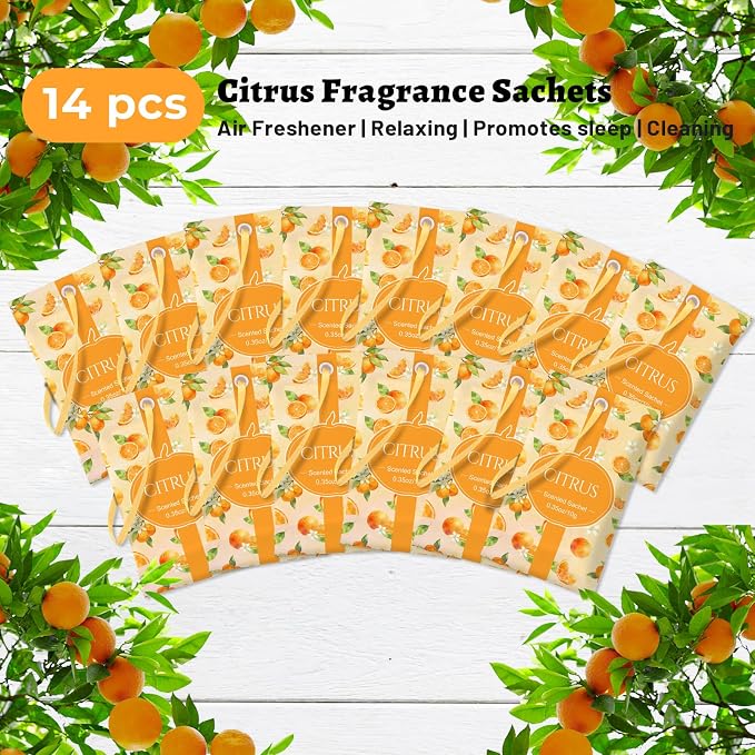 STRN Scented Sachets for Drawer and Closet, Citrus Scent 14 Packs for Home | Long-Lasting Sachets, Small Space Air Freshener for Wardrobes