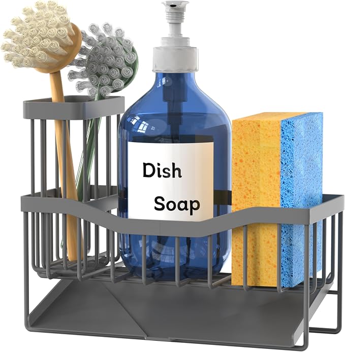 Fssvcd Maifan Sink Caddy Sponge Holder for Kitchen with Brush Holder and Stainless Steel Self Drain Tray, Rustproof Kitchen Sink Organizer for Sponge, Soap Dispenser Storage Accessories Dark Gray