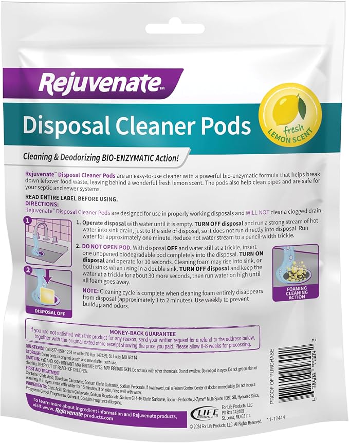 Rejuvenate Disposal Cleaner Pods, 6 Count, Lemon Scented Disposal And Pipe Cleaner Pods With Bio-Enzymatic Formula Help Break Down Leftover Food Waste And Remove Odors For A Clean, Fresh Disposal