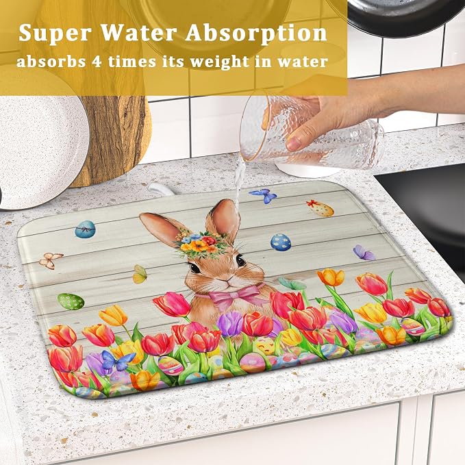 Easter Bunny Dish Drying Mat 16x18 inch Eggs Floral Fast Drying Pad Washable Reversible Microfiber Dish Drainer Mats for Kitchen Counter