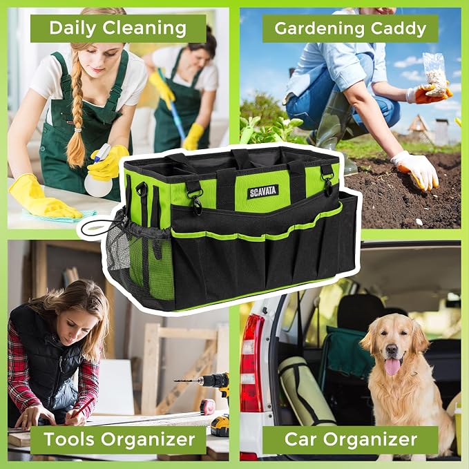 SCAVATA Wearable Cleaning Caddy Bag, Cleaning Caddy Supplies Organizer with Handle & Shoulder Straps for Housekeepers, Under Sink & Car Cleaning Tool Organizers with 4 Foldable Divider (NeonGreen)
