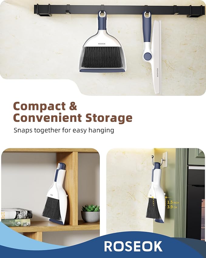 ROSEOK Mini Dustpan and Brush Set, Small Broom and Dust Pan, Navy Blue | Portable Cleaning Brush and Dustpan Combo for Kitchen Counter, Tables, Office, Car