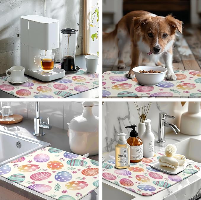 Easter Dish Drying Mat for Kitchen Counter Easter Spring Colorful Eggs Floral Drying Mats Absorbent Reversible Microfiber Washable Draining Pad Washable Dry Mat 18x24 Inch