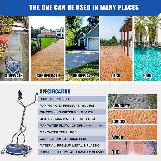 MEKOH 20” Heavy-Duty Pressure Washer Surface Cleaner with Wheels, 4500PSI | Dual-Handle Power Washer Attachment for Large Driveway Sidewalk Deck Patio Concrete Streak-free Cleaning, 3/8'' Quick-Connect