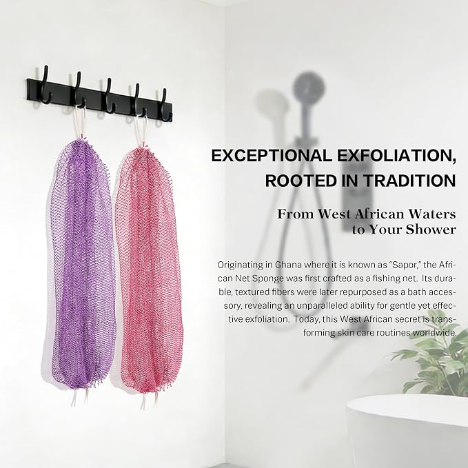 UJFQBH African Net Sponge Authentic 2-Pieces Exfoliating Body Scrubber for Shower & Bath, Deep Cleansing Lather for Dead Skin Removal, Back Scrubber for Women & Men (Pink 、Purple