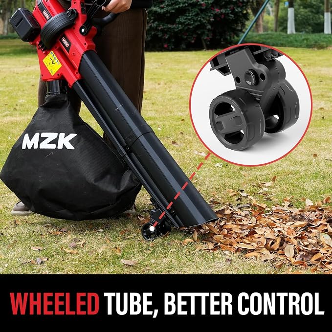 MZK 40V Leaf Vacuum Mulcher, 600 CFM Cordless Blower | High-airflow 3-in-1 tool with 40L bag and dual batteries for leaf collection around lawns and driveways.