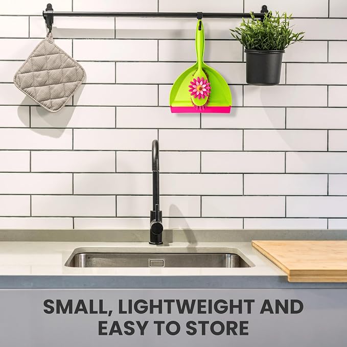 Vigar Flower Power Dust Pan and Brush Set - Mini Broom and Dustpan Set, Handheld Broom and Dustpan Set With Whisk Broom, Small Dustpan and Brush Set, Compact Indoor Sweeper for Countertop - Pink Green
