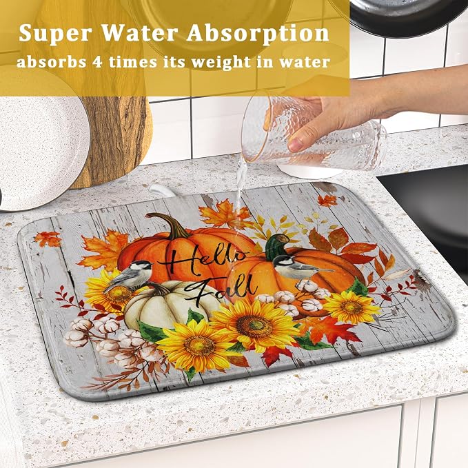 Hello Fall Dish Drying Mat for Kitchen Counter 16x18 Inch Orange Pumpkin Absorbent Drying Pad with Hanging Loop Autumn Home Decoration