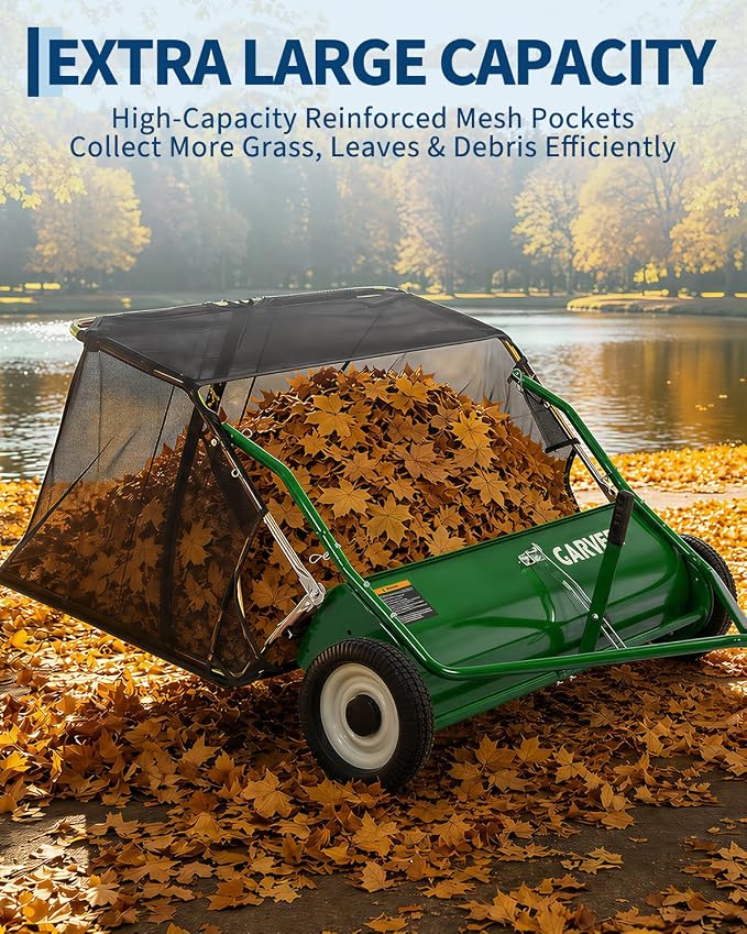 Garvee Tow Behind Lawn Sweeper 42 Inch, Heavy Duty Leaf & Grass Collector | Yard Sweeper Pull Behind,14 cu.ft. Leaf Collector,Tool-Free Adjustable Brush Height,Dumping Rope for Yard,Driveway,Sidewalk