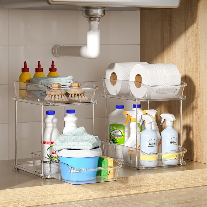 Delamu 2-Tier Under Sink Organizers and Storage, Multi-Purpose Stackable Bathroom Cabinet organizers, Pull Out Kitchen Pantry Organization and Storage with Dividers(2 Pack, Clear)