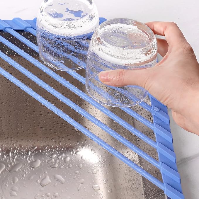 Tomorotec Compact Silicone-Coated Triangle Dish Drying Rack for Sink Corner - Foldable Stainless Steel Over-The-Sink Organizer and Storage Shelf (Blue)