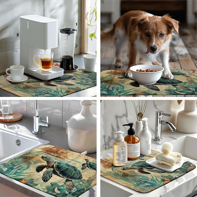 Sea Turtle Dish Drying Mat for Kitchen Counter Vintage Ocean Animal Microfiber Absorbent Dish Drainer Rack Mat Nautical Drying Mats Large Dish Draining Mat 18x24 Inch, 240220