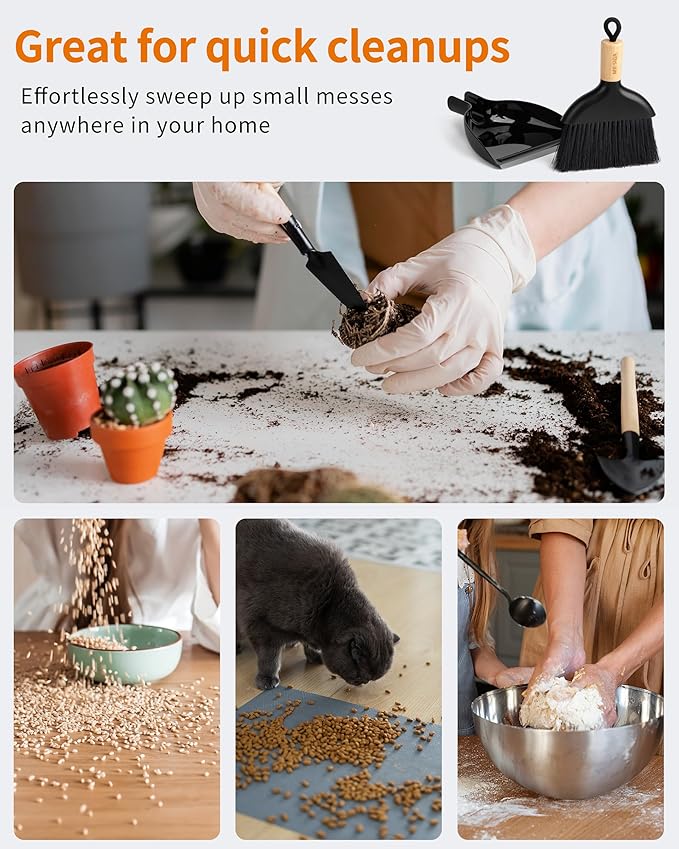 MR.SIGA Mini Dustpan and Brush Set, Bamboo Handle, Black, 1 Set | Portable cleaning brush and dustpan combo, handheld brush and dustpan combo with hanging loop