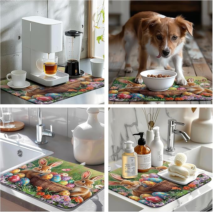 Easter Bunny Eggs Dish Drying Mat for Kitchen Counter 16x18 Inch Spring Easter Rabbit Flowers Drying Mat Microfiber Dish Drainer Rack Mats Absorbent Reversible Dishes Pad Dish Dryer Mat