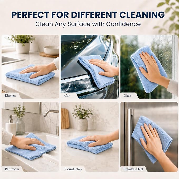 Veco Microfiber Cleaning Cloth Roll 80 PCS, 12" x 12" | Lint-Free, Streak-Free, Tear Away Reusable Microfiber Towels, Cleaning Rags for Kitchen, Car & Home, Blue