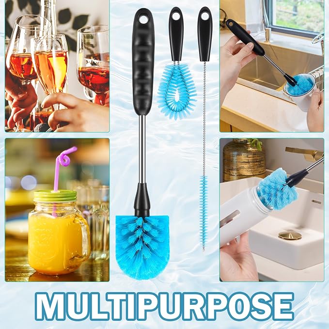 12.2 inch Bottle Brush Set of Three,Washable Coffee Cups, Water Bottles, Baby Bottles, Straws, to-go Cups, Long-Handled 3-in-1 Stainless Steel Bottle Brushes. (Blue)