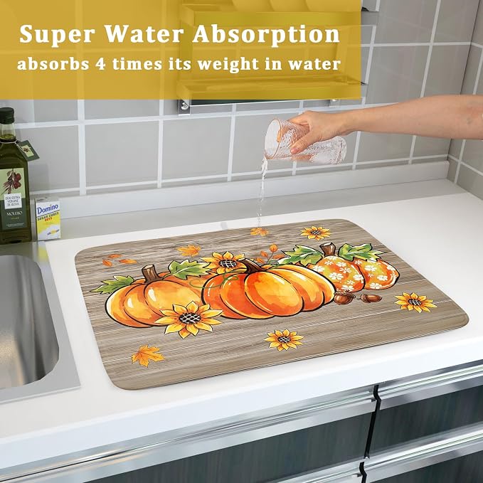 Fall Dish Drying Mat for Kitchen Counter Golden Pumpkin Microfiber Absorbent Dish Draining Reusable Washable Foldable Extra Large 18"x24"