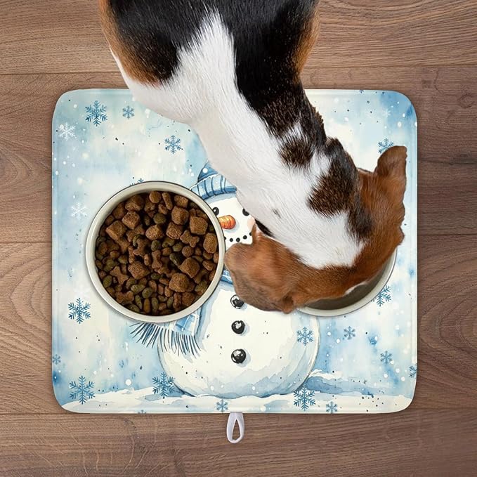Winter Snowman Dish Drying Mat for Kitchen Counter 16x18 Inch | Blue Christmas Snowflake Snow Scene Dish Drainer Mat Rustic Seasonal Holiday Absorbent Washable Drying Pad