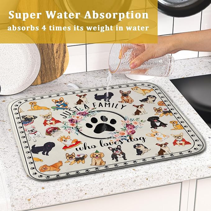 Lovely Dogs Dish Drying Mat Absorbent Printed Drying Pad for Kitchen Counter
