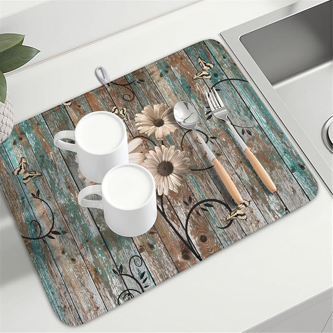 Vintage Daisy Floral Wooden Board Dish Drying Mat 18x24 Inch | Rustic,Polyester,Absorbent Microfiber,for Kitchen Coffee Dining Bar Decor