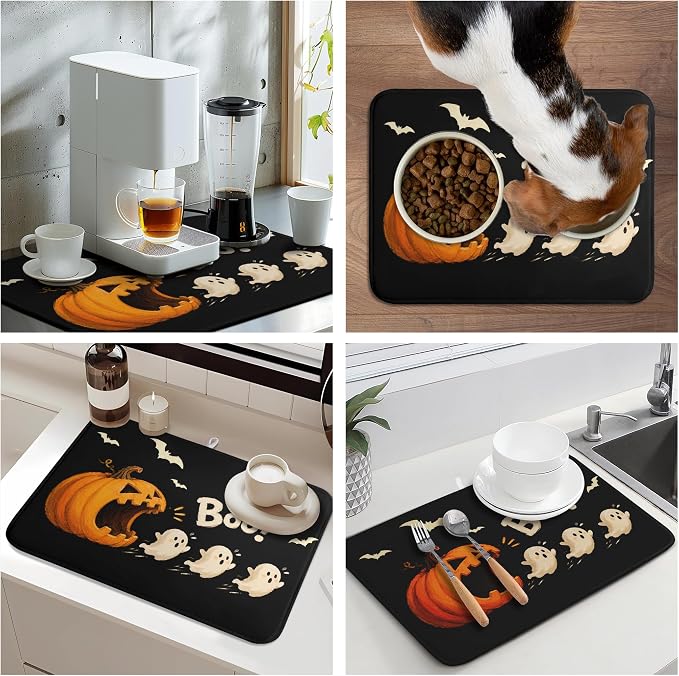 Halloween Ghost Dish Drying Mats Spooky Pumpkin Dish Mat Bat Drying Matt Dishes Dryer Pad for Kitchen Counter Absorbent Microfiber Washable Foldable Reusable 18x24 in