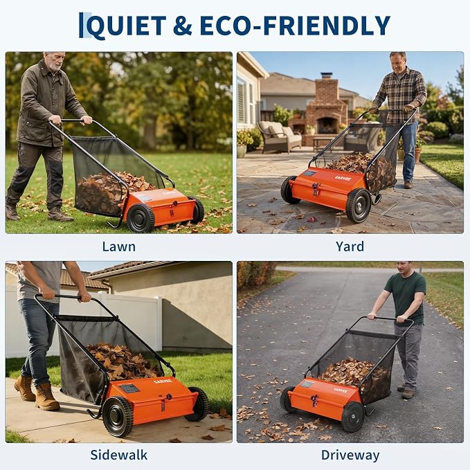 Push Lawn Sweeper 26Inch-Heavy Duty Walk Behind Leaf Collector and Yard Sweeper for Outdoor,Patio,Driveway,Garden Grass Sweepers,4 High Speed Spinning Brush,7 Cu. ft. Hopper Capacity | Yard Sweeper for Outdoor,Patio,Driveway,Garden Grass Sweepers,4 Hig...