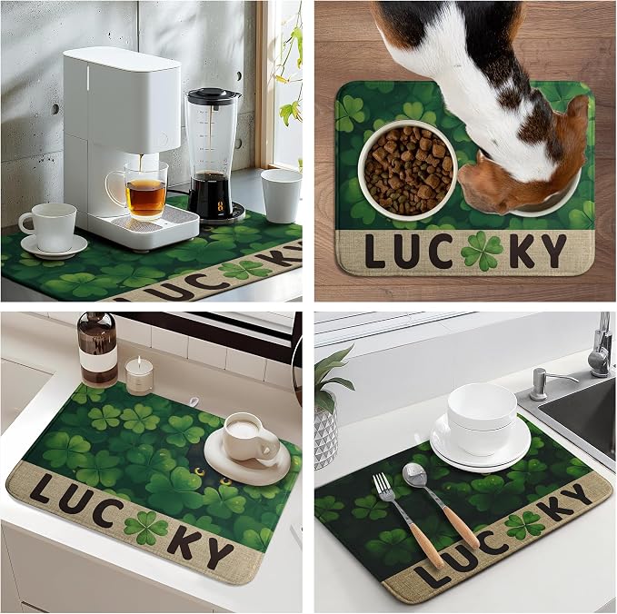 St Patricks Day Spring Shamrock Dish Drying Mats St Patrick's Day Dish Mat Cute Cat Drying Matt Dishes Dryer Pad for Kitchen Counter Absorbent Microfiber Washable Foldable Reusable 18x24 in