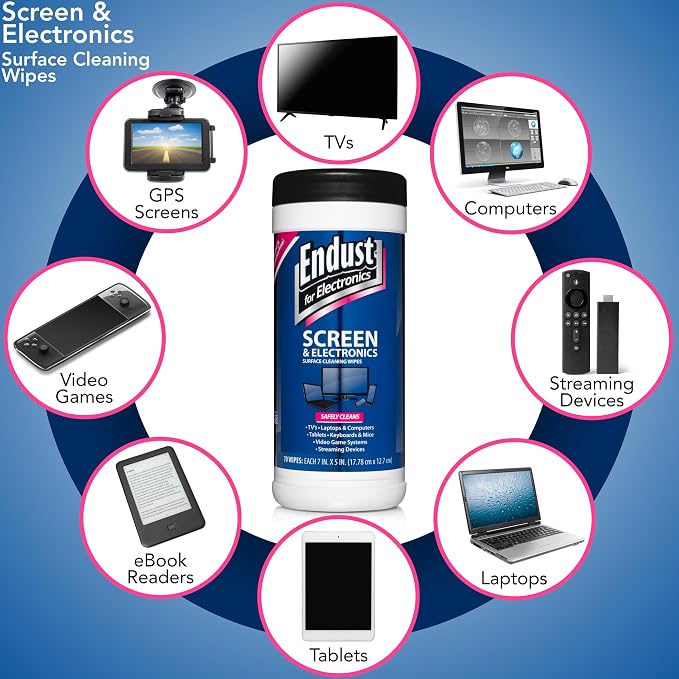 Endust For Electronics; Screen & Surface Cleaning Wipes, For TV, Phone, Computer Monitor, Laptop, Tablet, Pre-Moistened, Alcohol and Ammonia Free, 70 Count, 6 Pack (11506P6)
