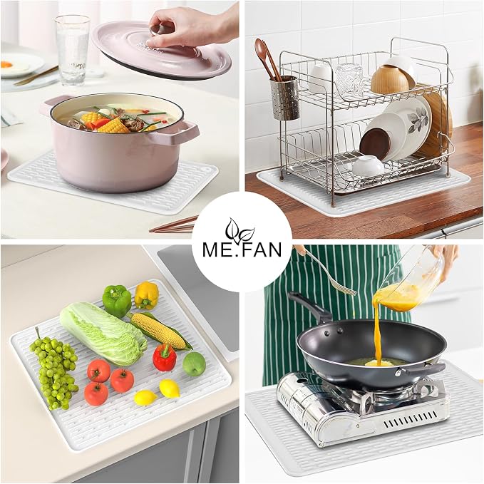 ME.FAN Silicone Dish Drying Mat for Kitchen Counter, Dish Drying Pad for Sink, Refrigerator or Drawer, Countertop Protection Pad M - 16''×12'' - White