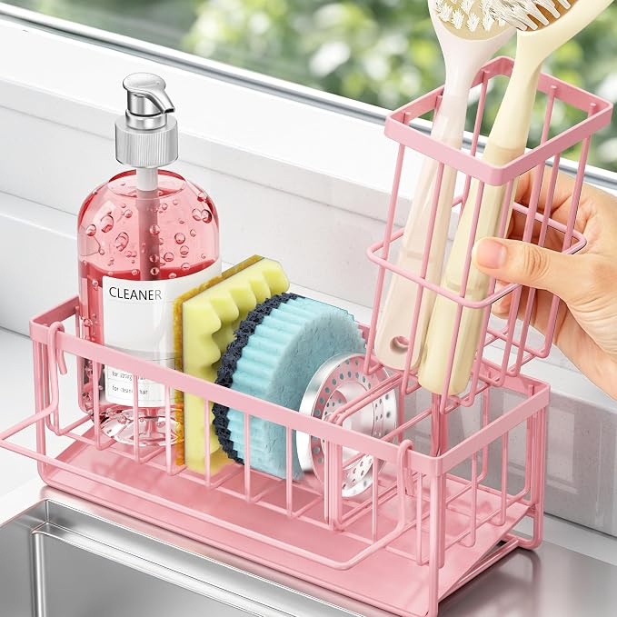 Sponge Holder for Kitchen Sink, Kitchen Sink Caddy, Kitchen Sink Sponge Holder, Dish Sponge Holder, Kitchen Sink Organizer for Sponge, Dish Brush, Scrubber(9.65" x 3.74" x 6.3", Pink)