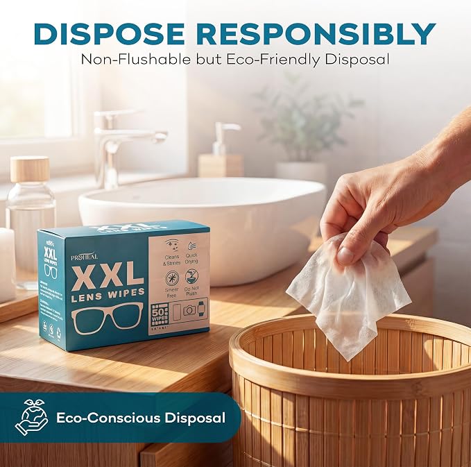 XXL Lens Wipes, 50 Count - 9.8"x6.7" Eye Glasses Cleaner Wipes for Lenses, Watches, Display Screens, and More - Cleans and Shines - Quick Drying, No Smear with Isopropyl Alcohol