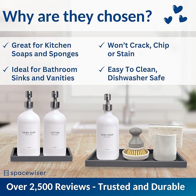 Spacewiser Countertop and Vanity Tray - 2 PC (11” and 7”) Shatterproof Silicone Kitchen and Bathroom Trays for Counter, Kitchen Soap Dispenser Tray, Vanity Trays for Bathroom, Perfume Key Tray