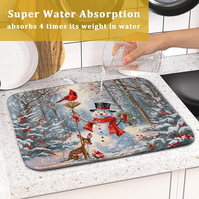 Winter Snowman Dish Drying Mat for Kitchen Counter Red Bird Berry Dishes Drainer Mats Holiday Microfiber Absorbent Dish Rack Pad 16x18 Inch