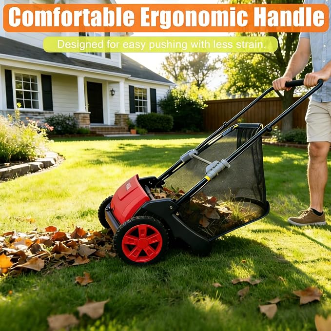 GarveeLife Manual Push Lawn Sweeper 21-Inch, Yard Leaf & Debris Collector with 3.5 Cu. Ft. Collection Bag, Adjustable Brush Height for Lawns & Driveways, Foldable Storage Design