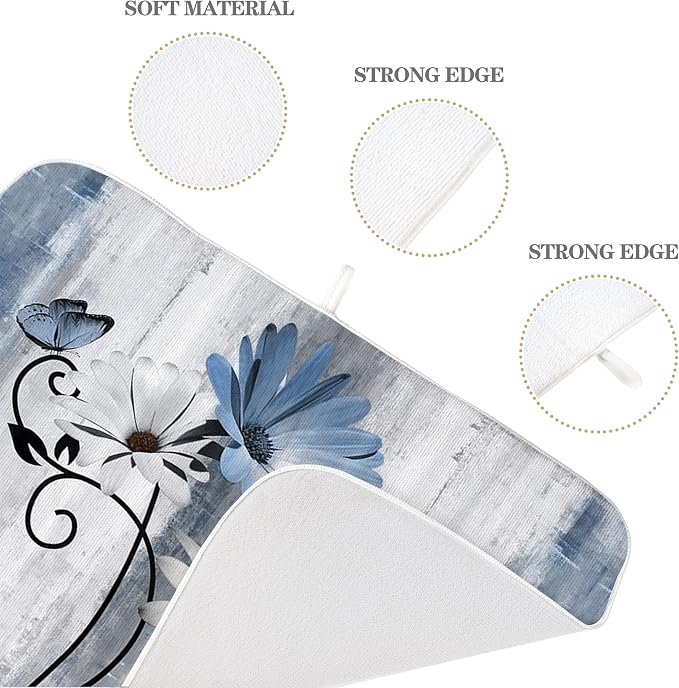 Floral Dish Drying Mat 18x24 Inches For Kitchen Counter Blue Daisy Flower Kitchen Decoration Drying Mat Modern Decorative Drying Pad For Home Kitchen Decor,Dining Room,Office Decor
