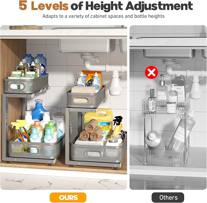 2 Pack 17.3IN-Depth Under Sink Organizer with Smooth Cylindrical Rail,2-Tier Pull Out Multi-Purpose Cabinet Storage for Bathroom&Kitchen,Height Adjustable,Rust-Resistant Coating-Gun Gray