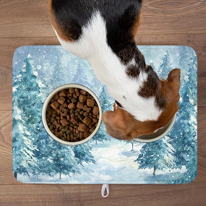Winter Forest Dish Drying Mat for Kitchen Counter 18x24 Inch | Blue Christmas Pine Trees Snow Scene Dish Drainer Mat Rustic Seasonal Holiday Absorbent Washable Drying Pad