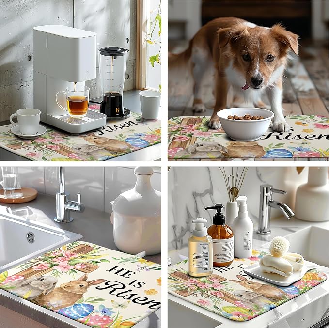 Easter He Is Risen Bunny Dish Drying Mat for Kitchen Counter Spring Easter Cross Floral Eggs Drying Pad 18x24 In Microfiber Absorbent Holiday Dishes Drainer for Kitchen Counter Tableware