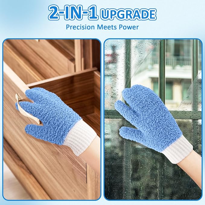 MIG4U Microfiber Dusting Gloves House Cleaning Glove for Blinds, Windows, Shutters, Furniture, and Car, Reusable Lint-Free Blue 2 Pairs S/M