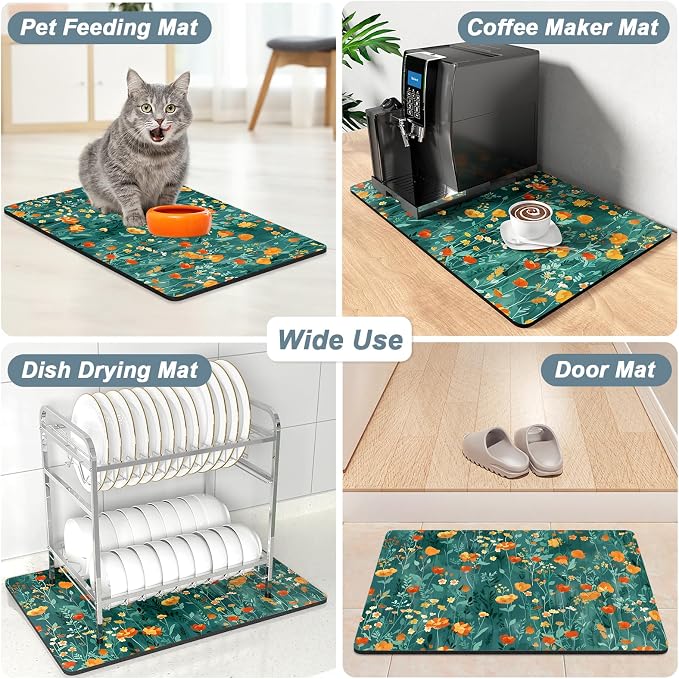 Rnivvi Coffee Mat, 12" x 19" Cute Coffee Bar Mats for Espresso Machine Station Accessories and Organizer, Hide Stain Rubber Backed Absorbent Dish Drying Pad for Kitchen Counter, Gentle Forest Flowers