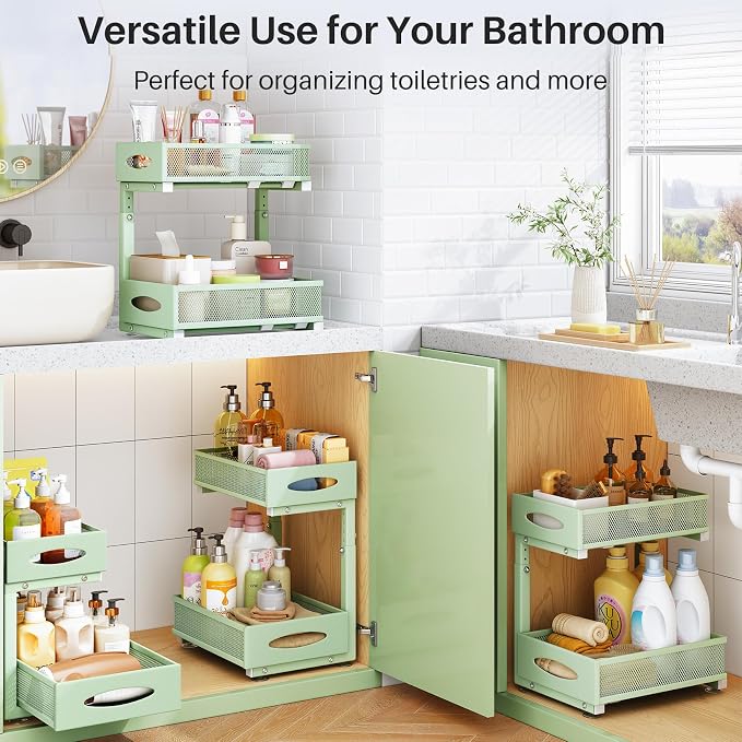 Under Sink Organizer, 2 Tier Pull out Cabinet Organizer Baskets with Mesh Sliding Drawers, Slide out Storage Shelf for Home, Kitchen, Bathroom, Pantry, Office Cabinet(1 Pack, Green)